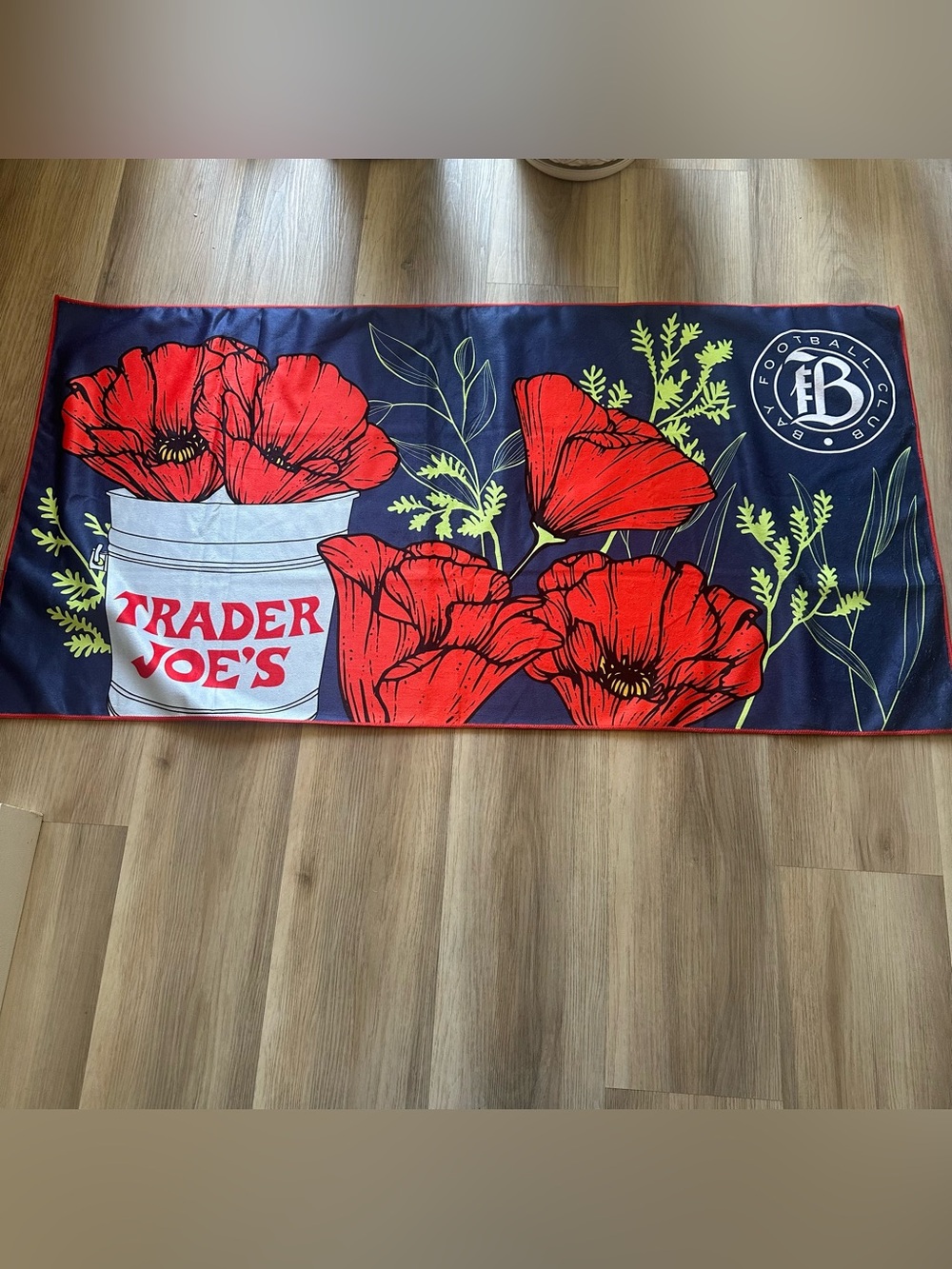 Trader Joe's Floral Beach Towel orange poppy  and Navy- Bay Football Club